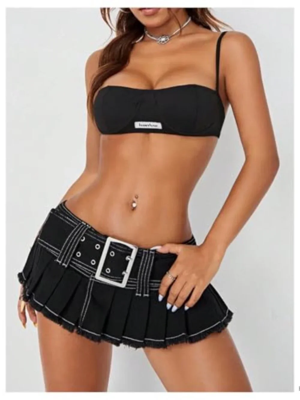 Y2K Pleated Denim Mini Skirt with Belt, Low Waist Raw Hem Hippie Skirt